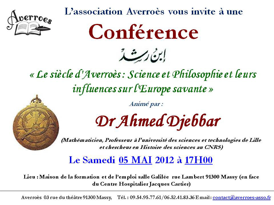 Affiche conférence « Le siècle d'Averroès : science et philosophie et leurs influences sur l'Europe savante »