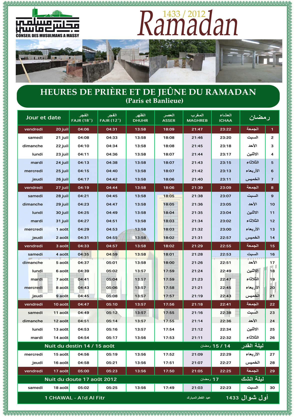 Calendrier du Ramadan -  France