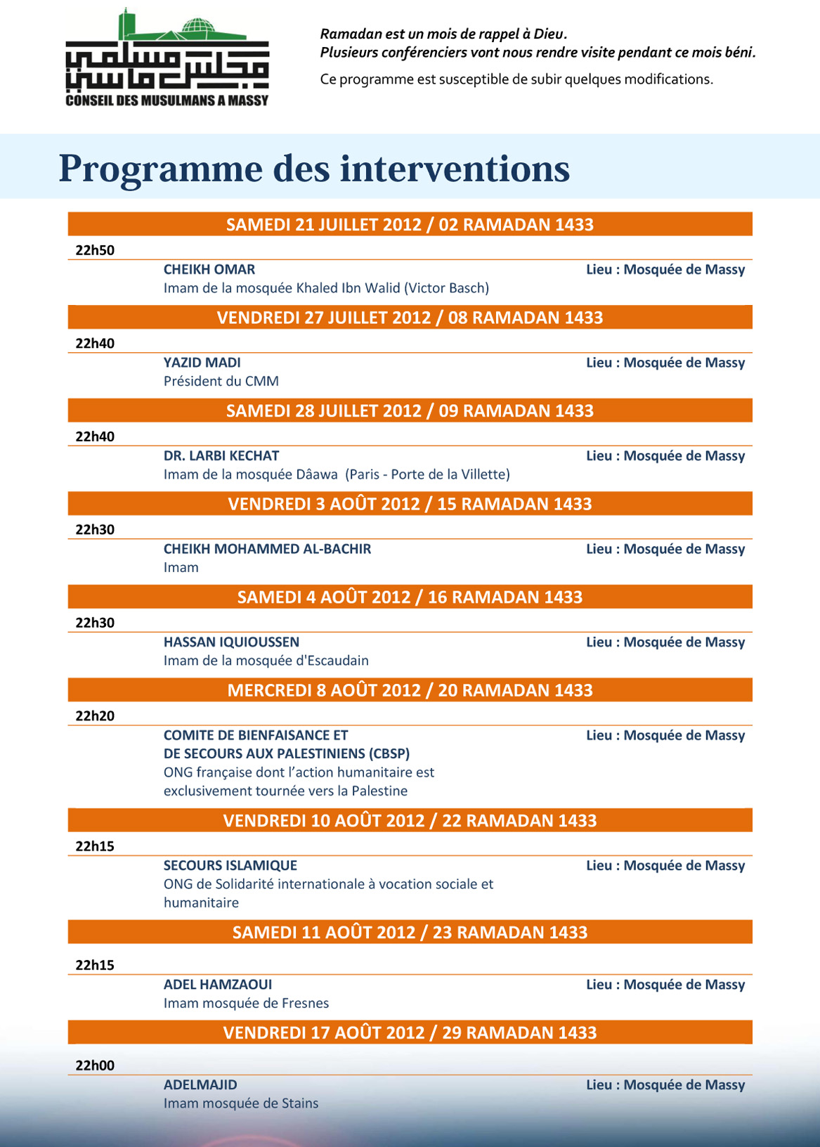 Planning des interventions pendant le ramadan