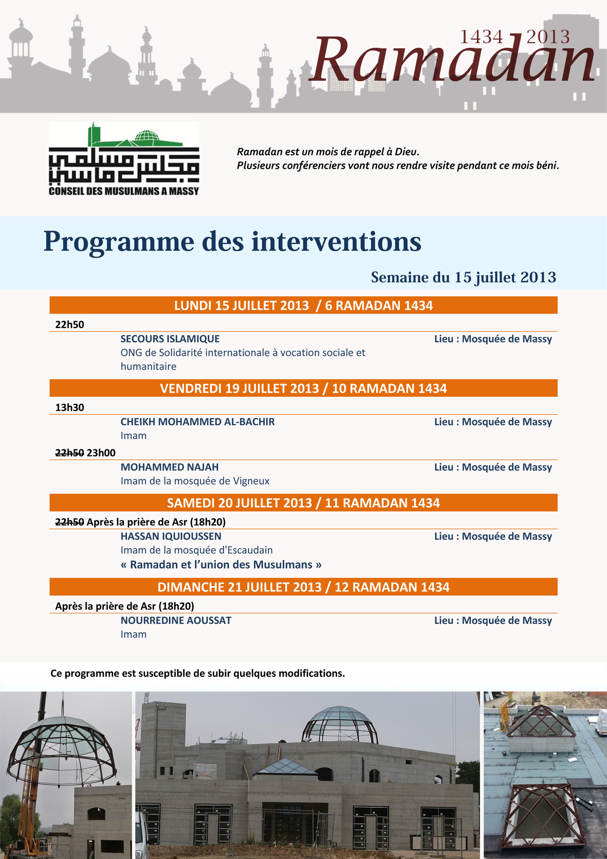 Programme des interventions - Semaine du 15 juillet 2013