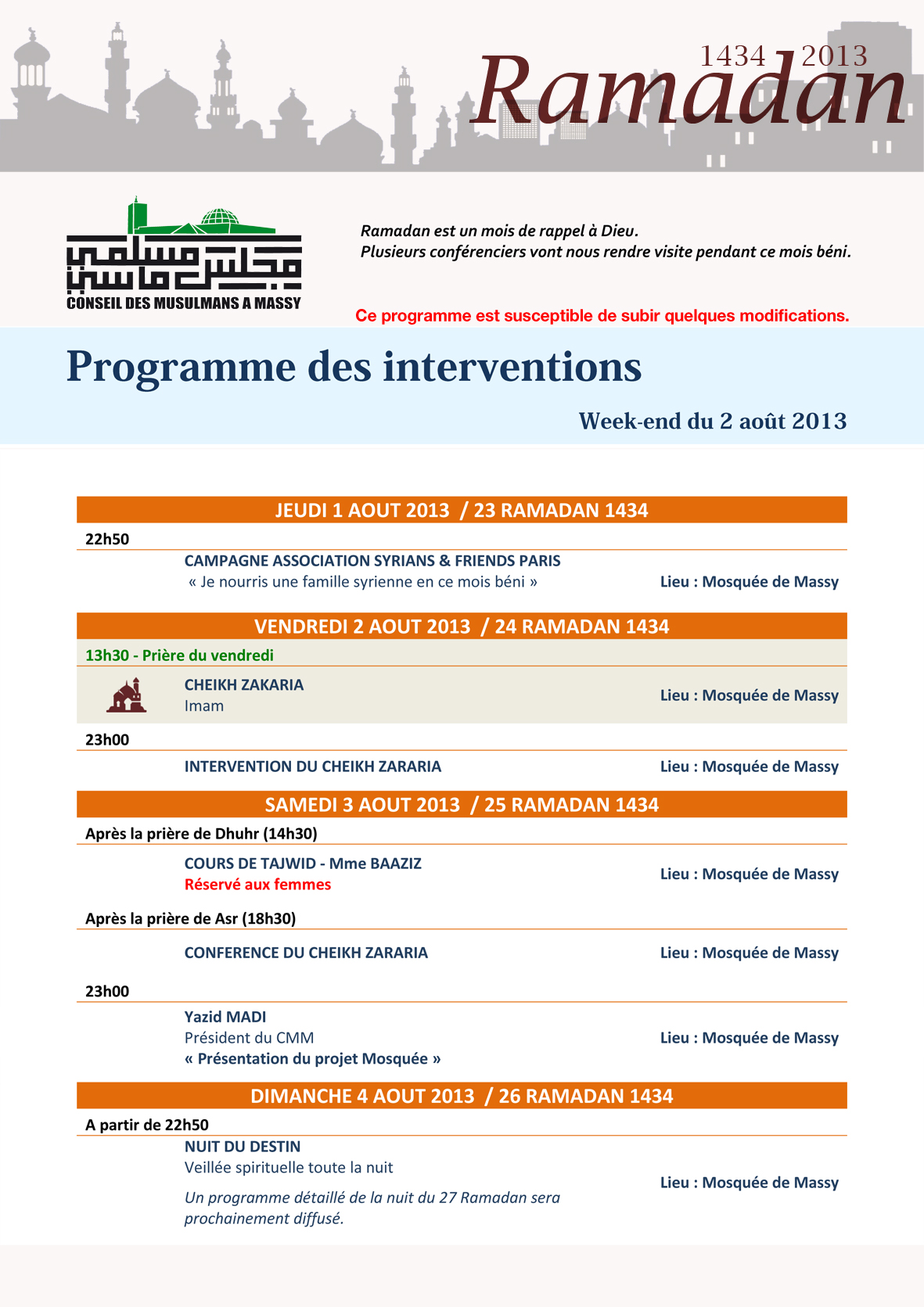 Programme des interventions - week-end du 2 août 2013