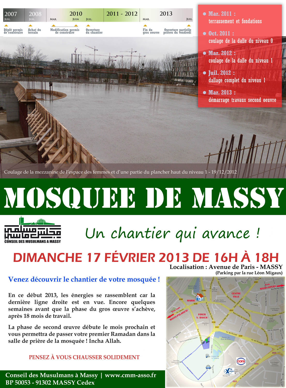 Affiche visite du chantier de la mosquée de Massy - Dim. 17/02/2013